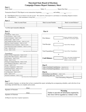 Maryland Campaign Finance Report Summary Sheet