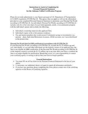 Personal Financial Statement for Alabama Unified Certification Program