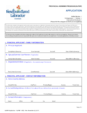 Newfoundland and Labrador Provincial Nominee Program Application