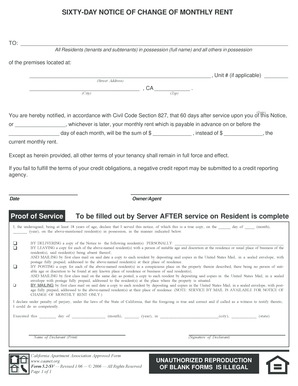 Sixty-Day Notice of Change of Monthly Rent