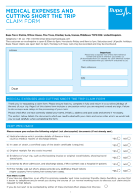 Bupa Medical Expenses and Trip Cutting Short Claim Form