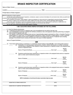 Brake Inspector Certification Form