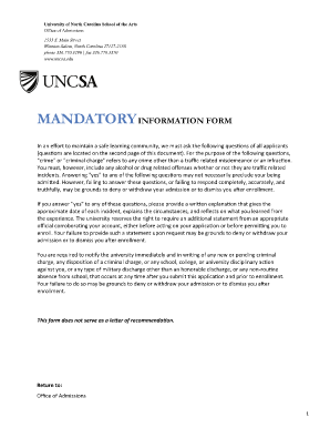 University of North Carolina School of the Arts Mandatory Information Form