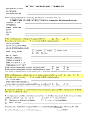 Certificate of Insurance Request Form