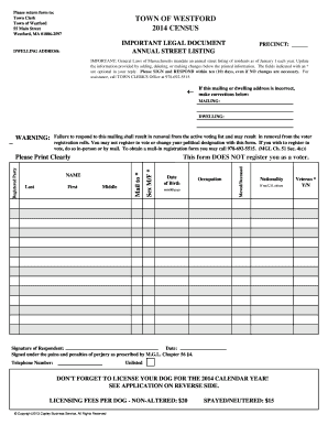 Massachusetts Annual Street Listing and Dog License Form
