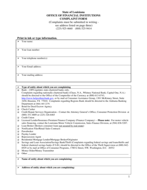 Louisiana Financial Institution Complaint Form