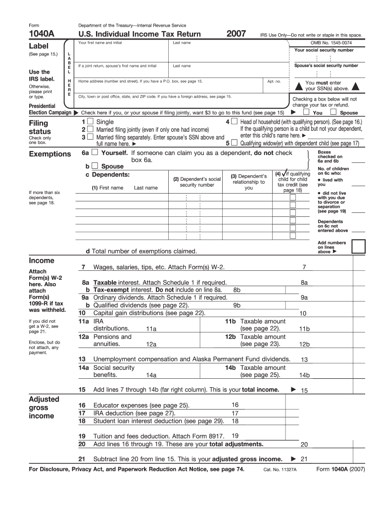 IRS 1040A 2007 Fill and Sign Printable Template Online US Legal Forms