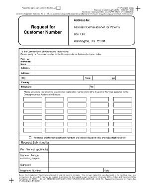 US Patent and Trademark Office Customer Number Request
