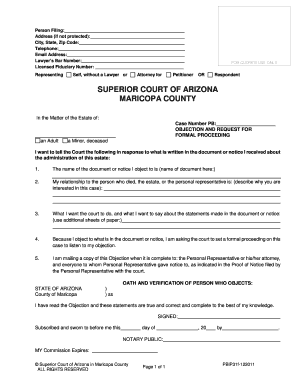 Arizona Claim Against Estate or Objection to Estate Administration