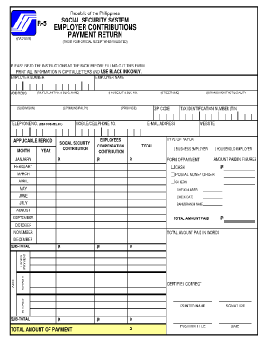 Tax receipt sample philippines - Republic of the Philippines R-5 CON- (10-2008) (03-2013) SOCIAL SECURITY SYSTEM EMPLOYER CONTRIBUTIONS PAYMENT RETURN (THIS IS YOUR OFFICIAL RECEIPT WHEN VALIDATED) PLEASE READ THE INSTRUCTIONS AT THE BACK BEFORE FILLING OUT THIS FORM