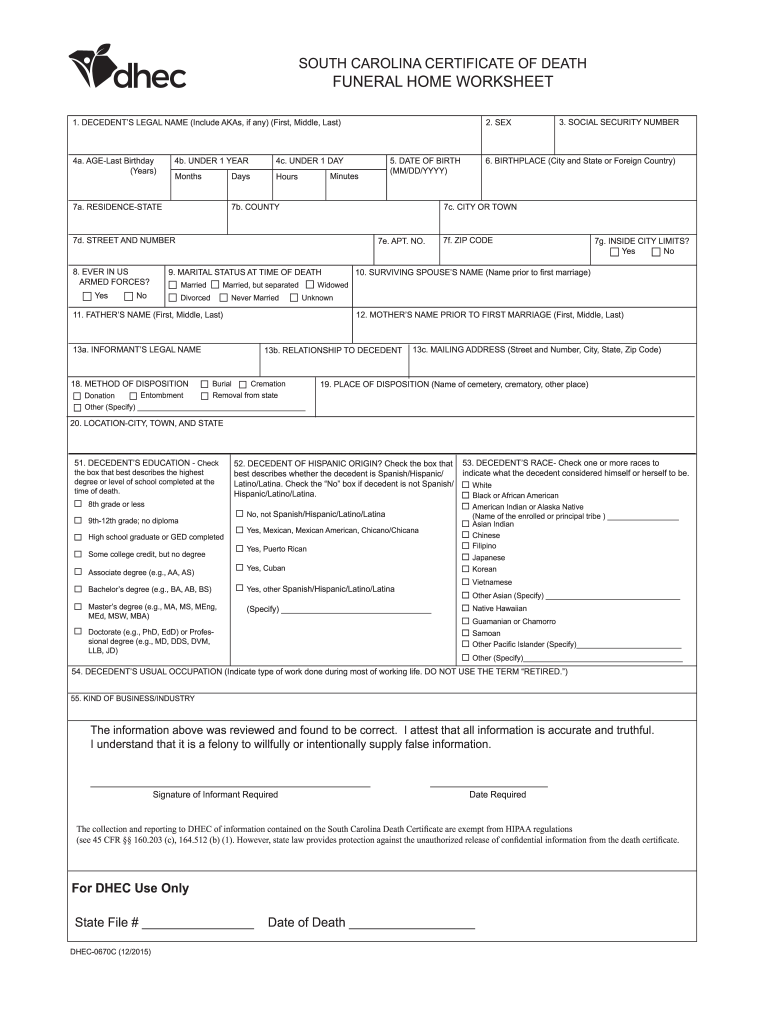 sc death certificate worksheet Preview on Page 1.