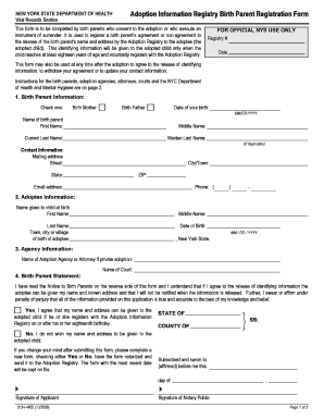New York Adoption Information Registry Birth Parent Registration Form