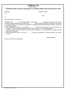Form 27C Certificate for Non-Collection of Tax at Source