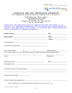 VA Form 2105 Patient Admission Information