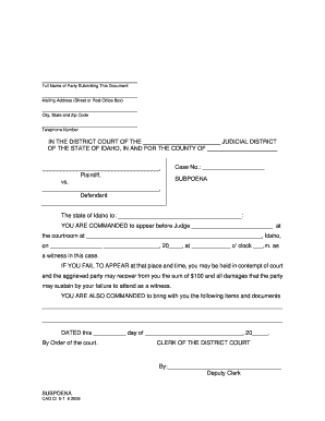 Idaho Subpoena Form