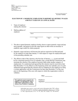 Texas Quarterly Wages and Annual Taxes Election Form
