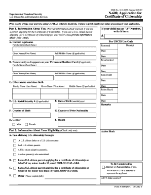 USCIS Form N-600 Application for Certificate of Citizenship