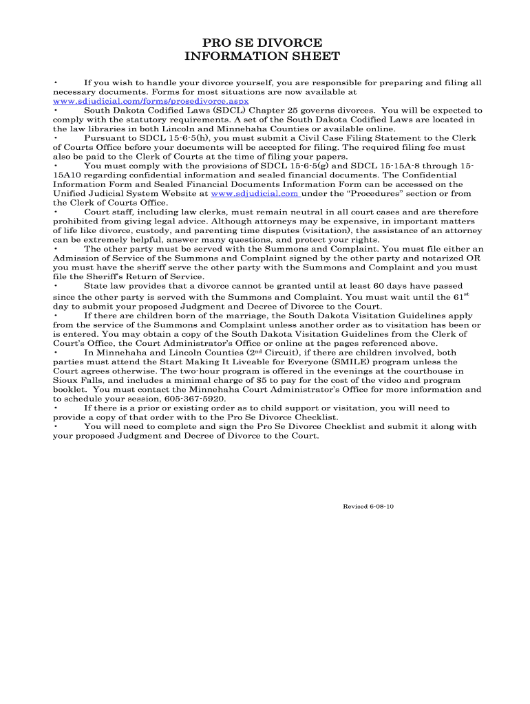 Fillable Online ujs sd PRO SE DIVORCE INFORMATION SHEET ujs sd Fax