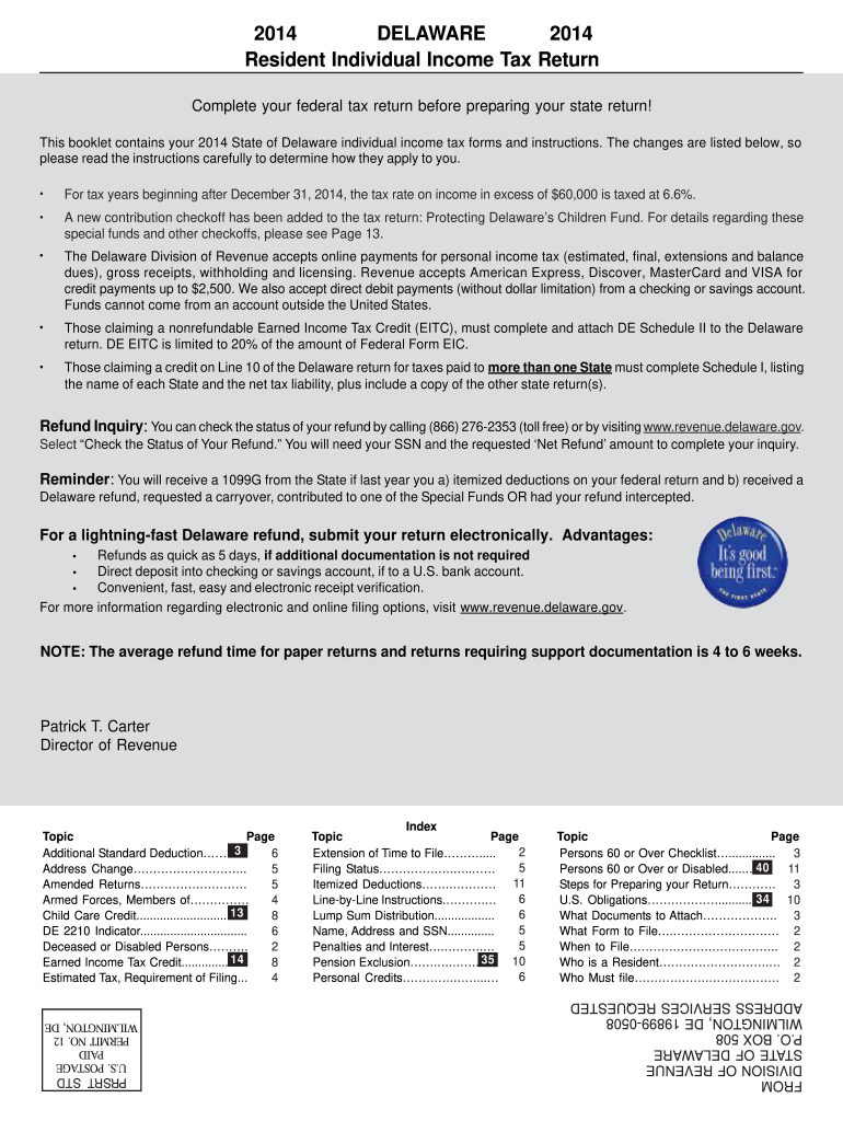 2014 DELAWARE 2014 Resident Individual Income Tax Return - revenue delaware Preview on Page 1