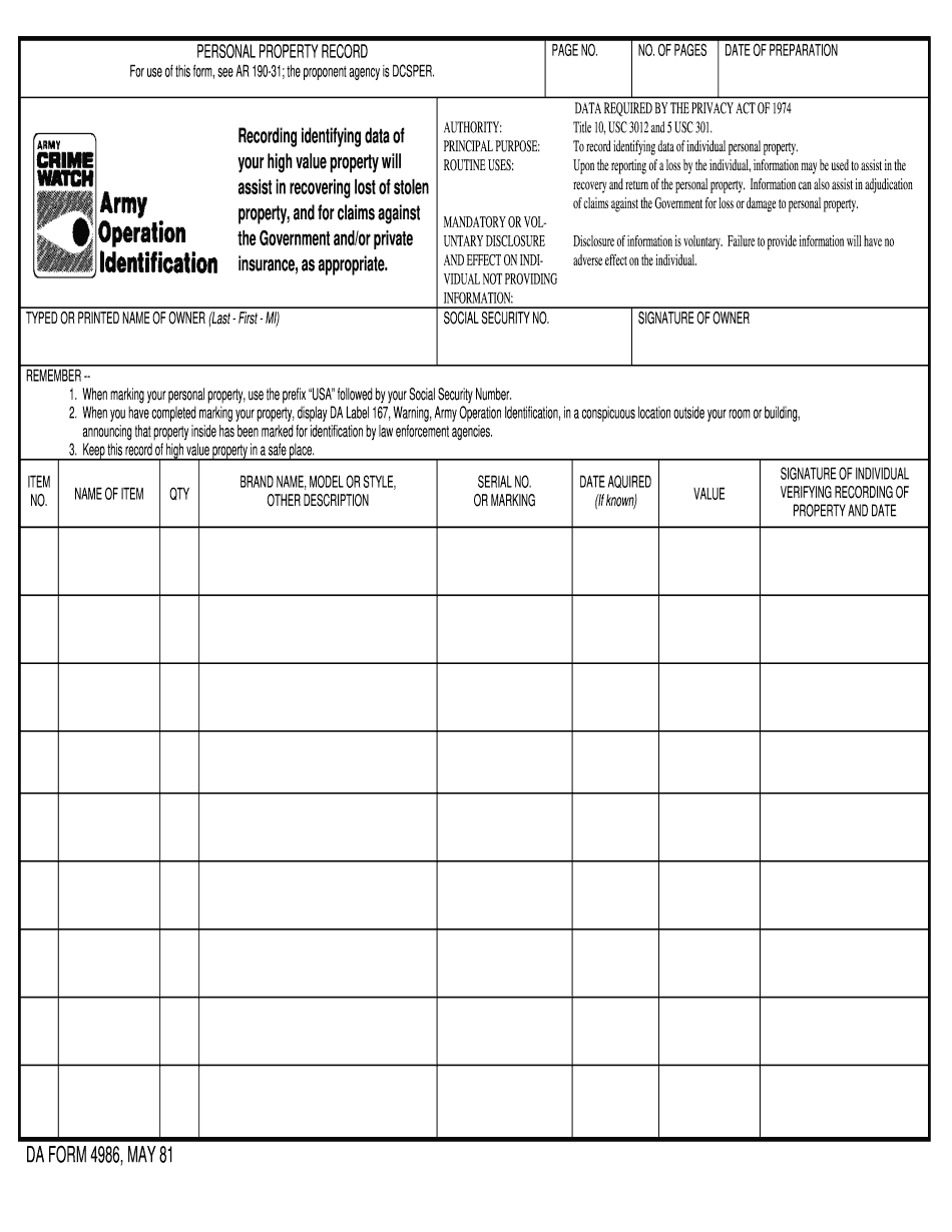 Army High Value Item Sheet 1981-2022: Get And Sign The Form