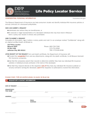 Missouri Life Policy Locator Request Form