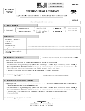 France Certificate of Residence Form 5000