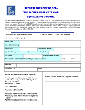Louisiana GED Test Scores/Diploma Request Form