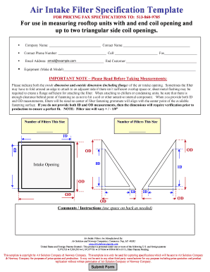 Air Intake Filter Specification Template