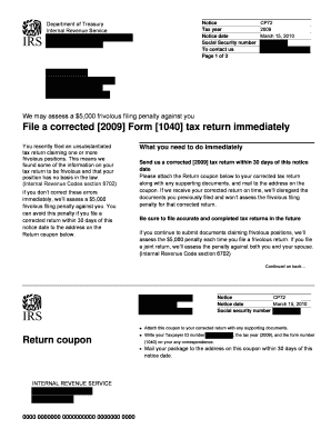 IRS Notice CP72 for Frivolous 2009 Tax Return