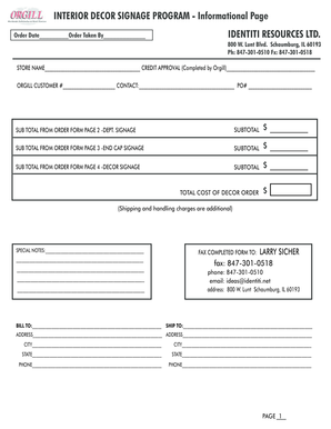Interior Decor Signage Order Form