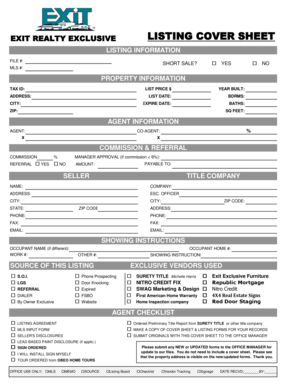 Exit Realty Exclusive Listing Cover Sheet