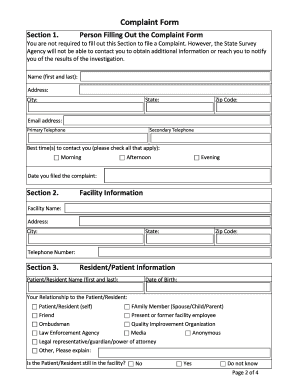 Complaint Form for Nursing Home Care