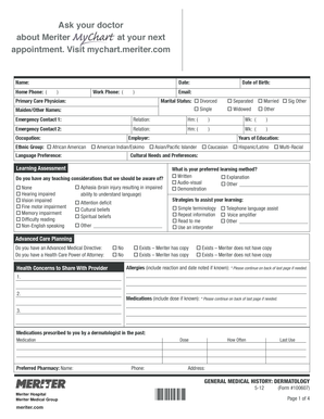 Meriter Dermatology Patient Intake Form