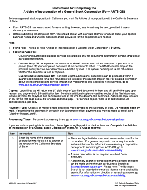 California Articles of Incorporation Form ARTS-GS