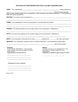 Maryland Close Corporation Articles of Incorporation