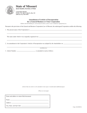 Missouri Amendment of Articles of Incorporation