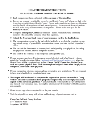 Camp Health Examination Form