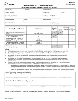 Aggregate Test Data Form for Concrete