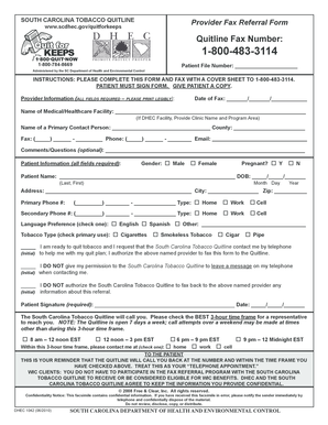 South Carolina Tobacco Quitline Provider Fax Referral Form