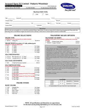 Invacare Spree XT Limited Pediatric Wheelchair Order Form