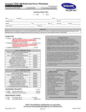 Invacare TDX SR Power Wheelchair Order Form