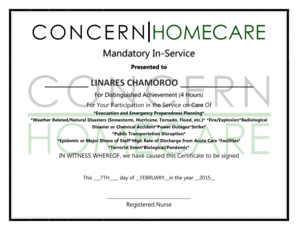 Certificate of Achievement for Emergency Preparedness Training