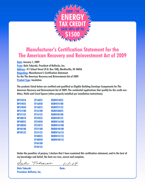 Manufacturer’s Certification Statement for Energy Tax Credit