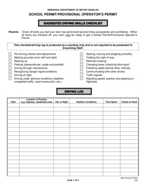 Nebraska School Permit Driving Skills Checklist
