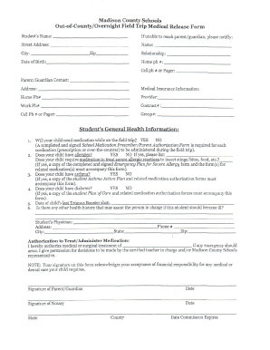 Madison County Schools Overnight Field Trip Medical Release Form