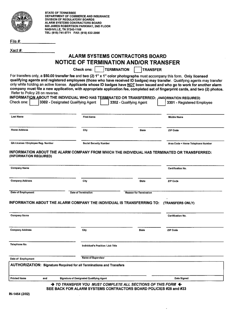 Fillable Online tn Notice of Termination or Transfer tn Fax Email