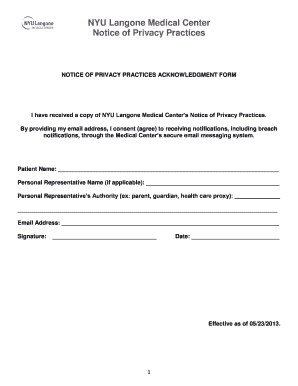 NYU Langone Medical Center Privacy Practices Acknowledgment Form