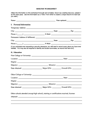 Resume Worksheet Template