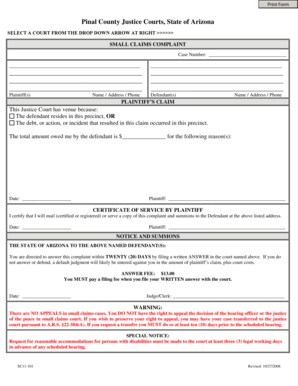 Arizona Small Claims Complaint