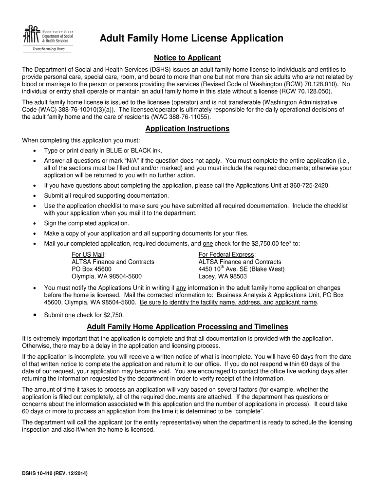 Adult Family Home License Application - dshs wa Preview on Page 1